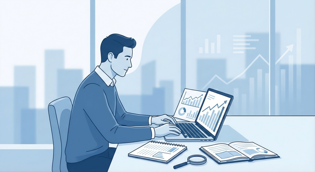Investor performing stock market analysis on laptop with financial charts and data