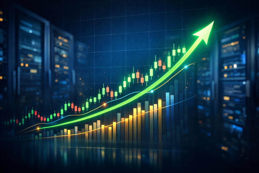 NBIS stock chart with green upward trend and AI data center background, representing Nebius Group's 2026 earnings surge and AI cloud growth