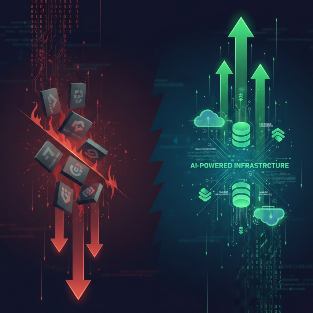 Software stocks in 2026 showing AI winners and struggling SaaS companies during the AI shakeout