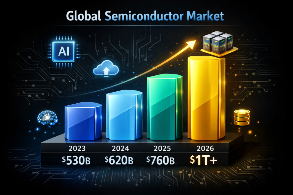 Glowing microprocessor chip with upward trend graph overlay in a data center, representing 7 semiconductor stocks under $50 with AI growth potential in 2026.
