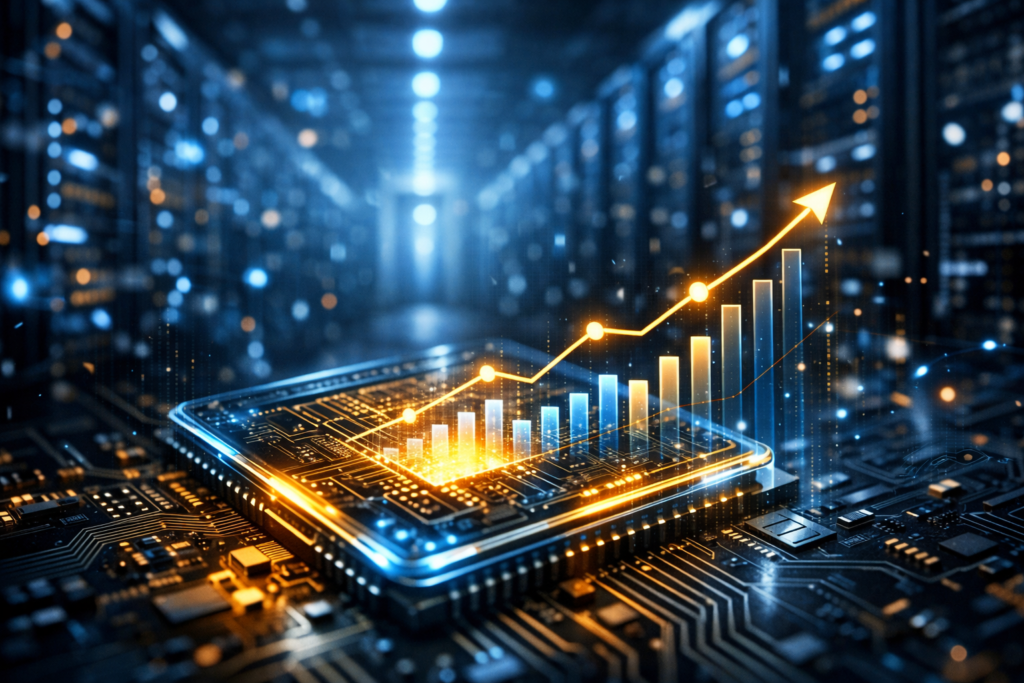Bar chart illustrating global semiconductor market growth from $530 billion in 2023 to over $1 trillion in 2026, driven by AI demand.