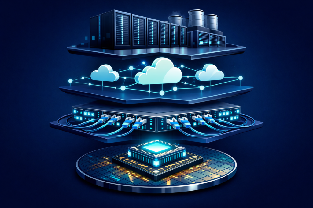 Diagram of the AI infrastructure ecosystem showing the four layers: semiconductors, networking, cloud platforms, and data center physical infrastructure with icons for each.