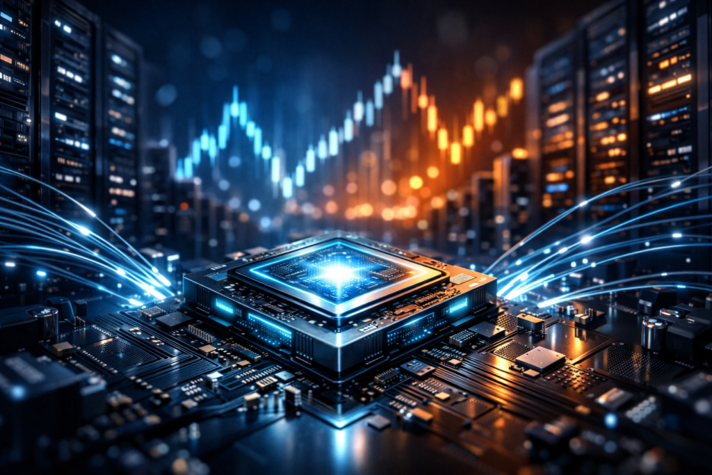 Top AI infrastructure stocks 2026 – a modern visual featuring an AI chip, data center silhouettes, and an upward stock chart with glowing blue and orange accents.
