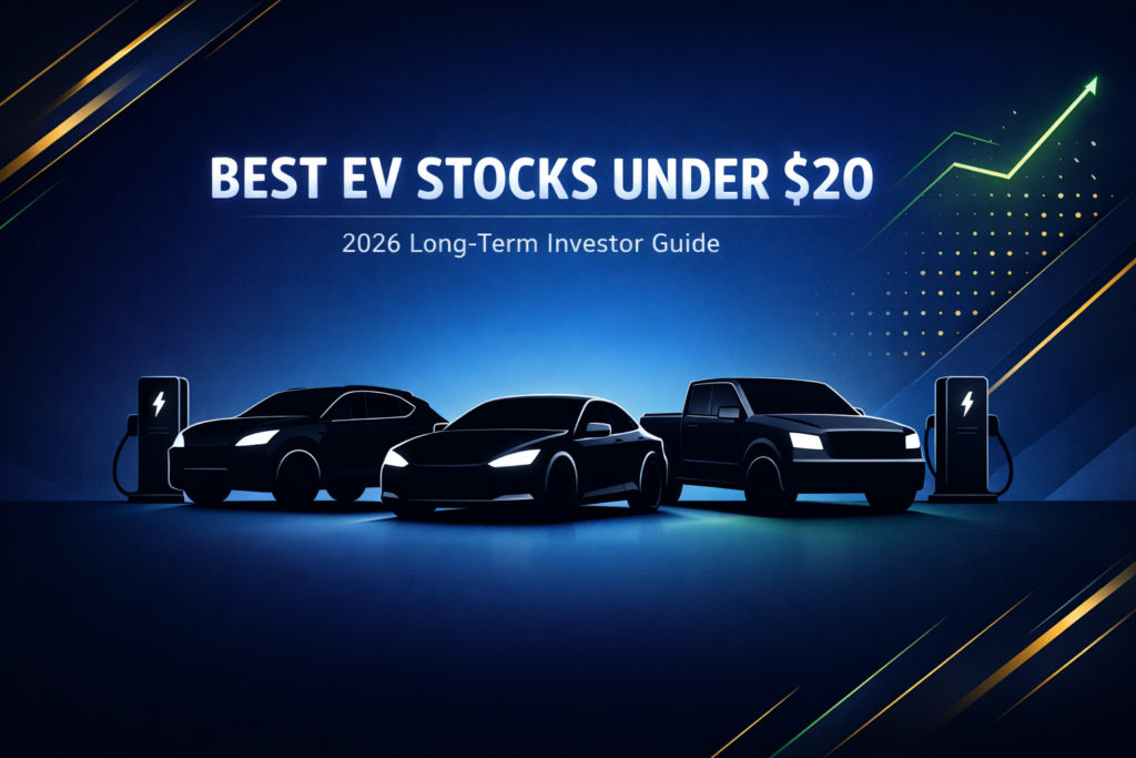 Best EV stocks under $20 featured image with electric vehicle icons and modern gradient background