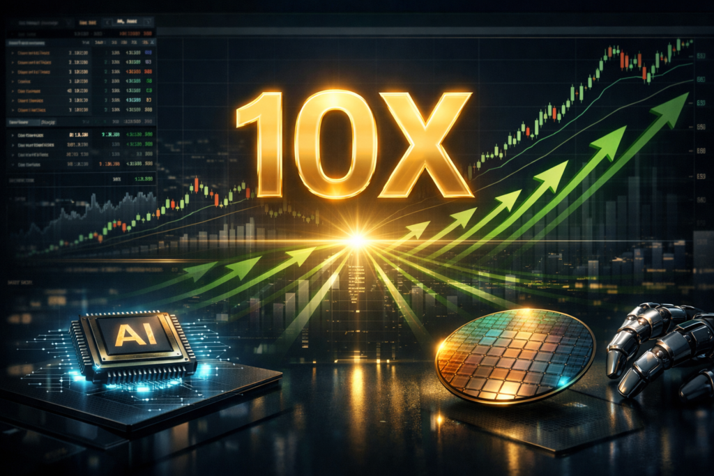 10 stocks that could 10x by 2030 - futuristic financial dashboard with glowing gold 10X hologram and upward-trending stock charts representing multibagger growth potential
