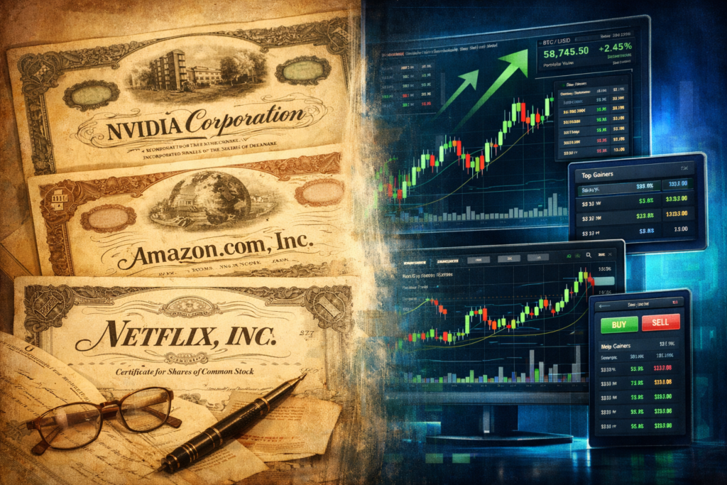 Split composition showing vintage stock certificates transitioning to modern trading screens - historical NVIDIA Amazon Netflix 10X stocks