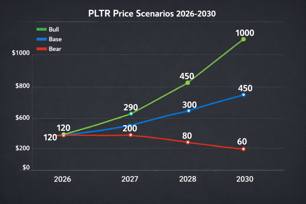 Palantir stock price prediction chart 2026 to 2030 showing bull case to $1000, base case to $450, and bear case to $60