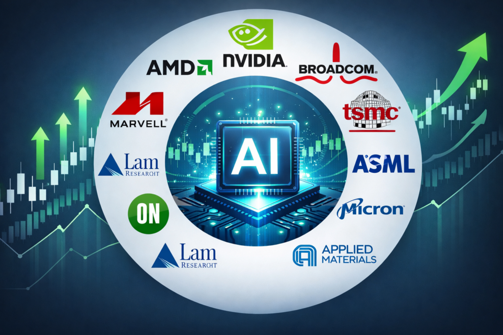 Top 10 semiconductor stocks with highest growth – NVIDIA, AMD, Broadcom, TSM, ASML, Micron, Marvell, Lam Research, ON Semi, Applied Materials
