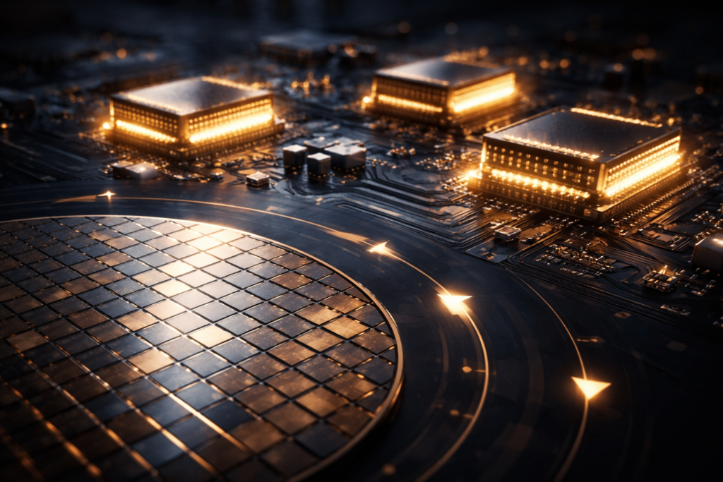 Undervalued semiconductor stocks 2026 with glowing memory chips and rotation arrows representing market rotation from AI GPUs to memory, equipment, and auto chips.