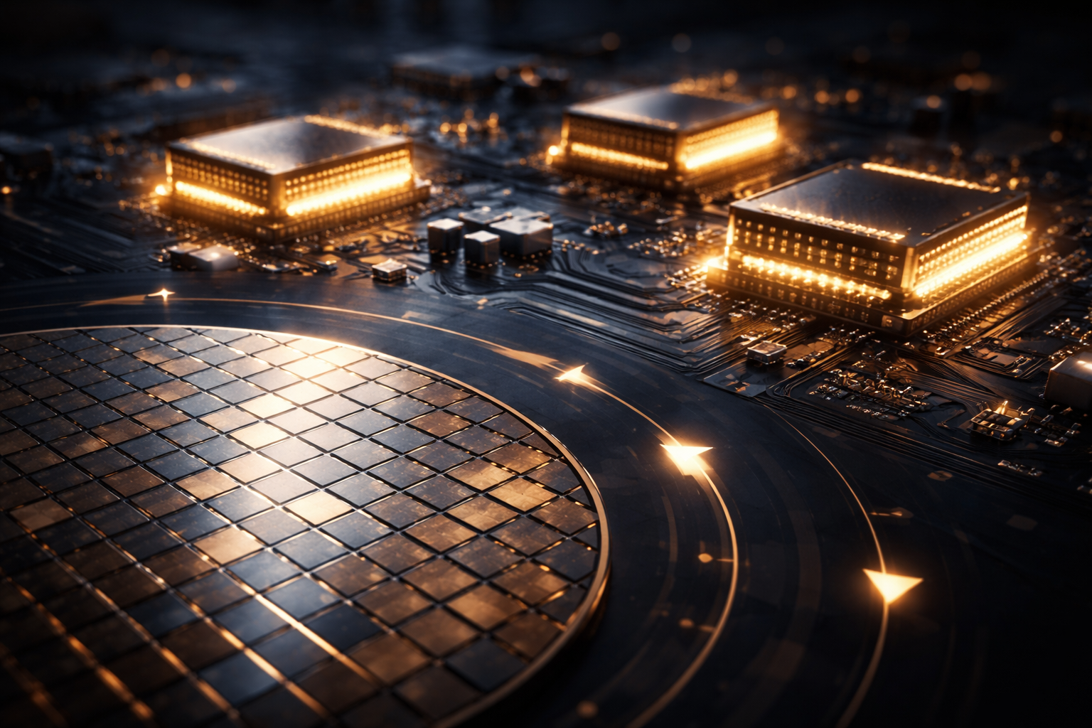 Undervalued semiconductor stocks 2026 with glowing memory chips and rotation arrows representing market rotation from AI GPUs to memory, equipment, and auto chips.