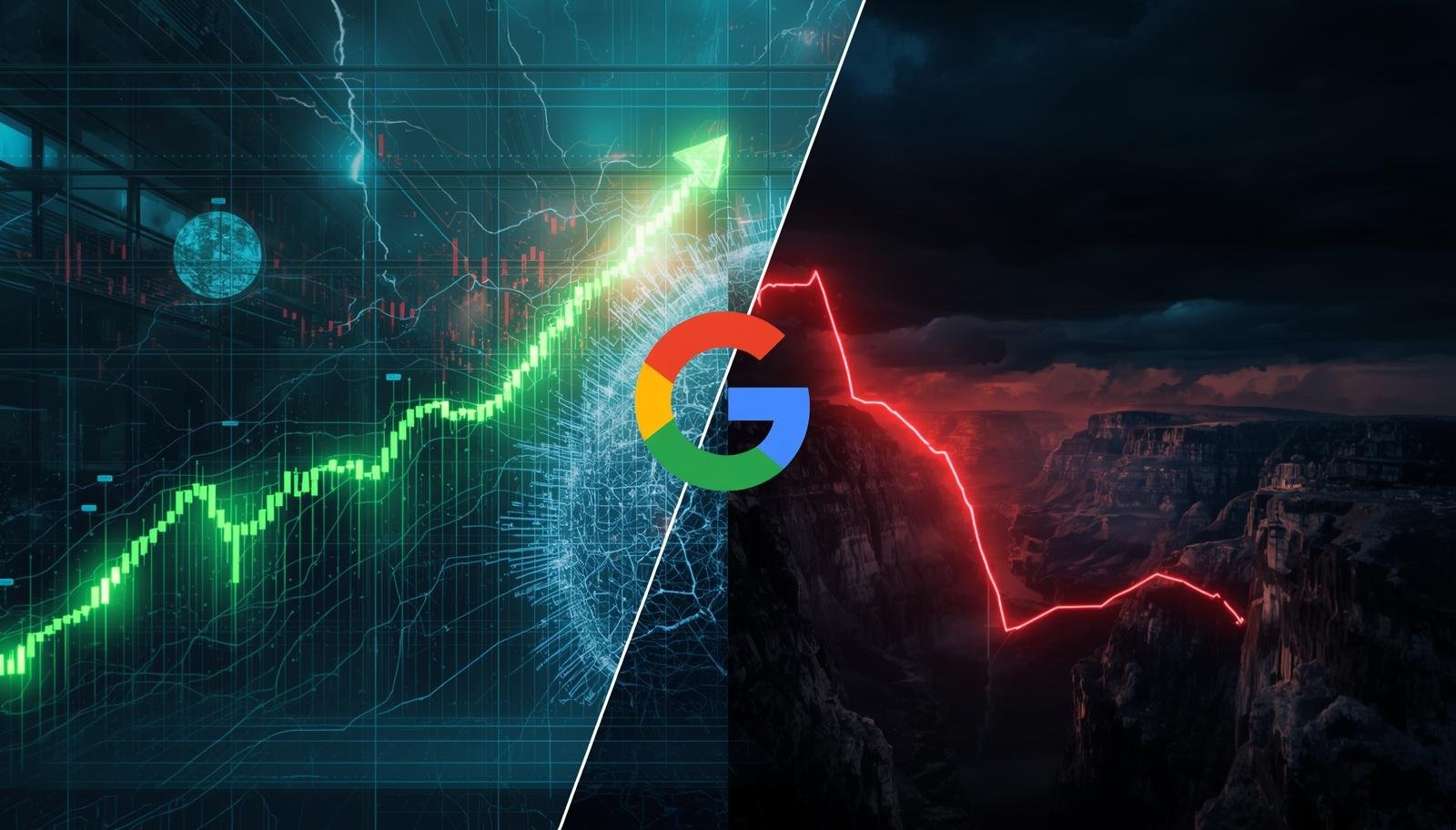 Google stock forecast 2026 showing split between bull case 460 dollars upside and bear case 45 percent crash from 12-year channel resistance