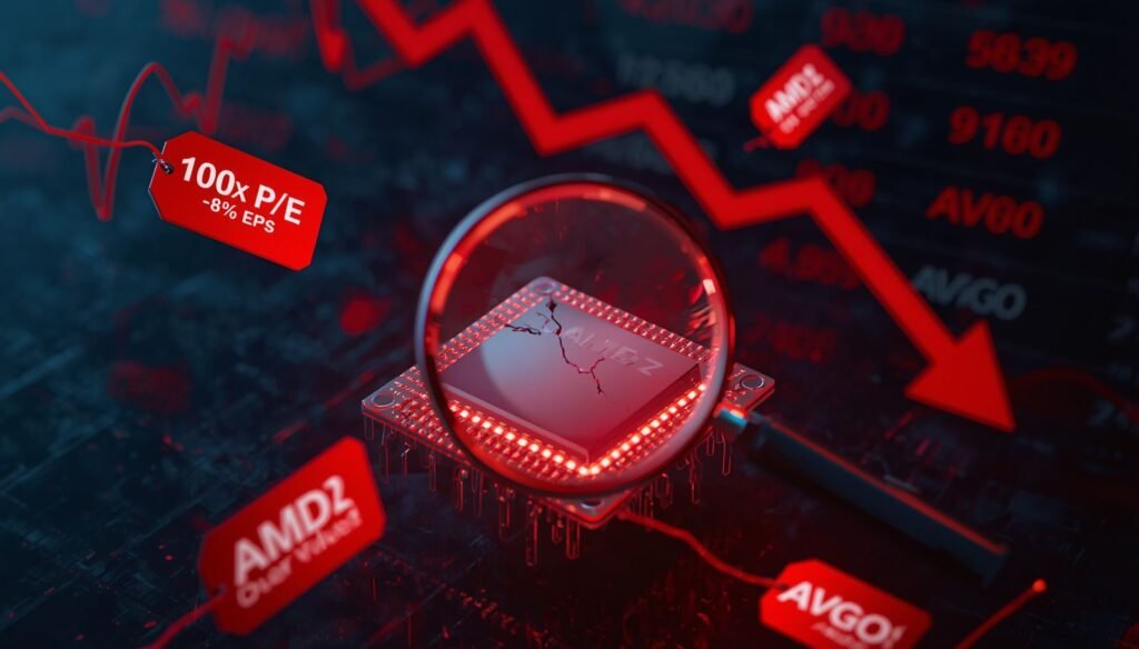 A semiconductor stock chip with a red downward arrow graph and a magnifying glass showing inflated price tags, representing overvalued AI chip stocks in 2026.
