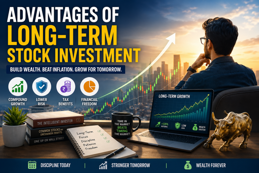 A finance-themed featured image showing advantage of long-term stock investment concept with rising market charts, growth arrow, and investor working on laptop symbolizing wealth creation over time.